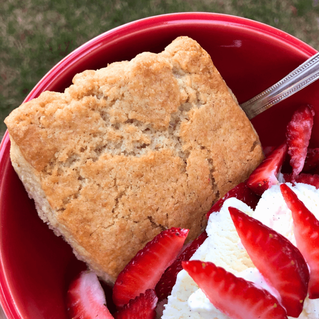 image of a woman's hand holding a red bowl with a sweet sourdough discard scone with strawberry slices and ice cream with a spoon in the bowl