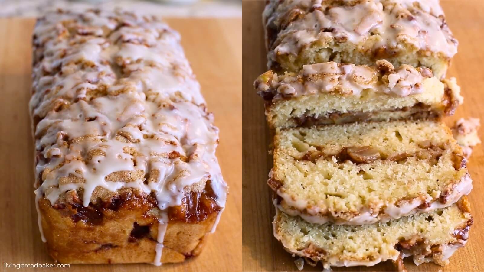glazed sourdough discard apple fritter bread, one loaf whole and one loaf partially sliced