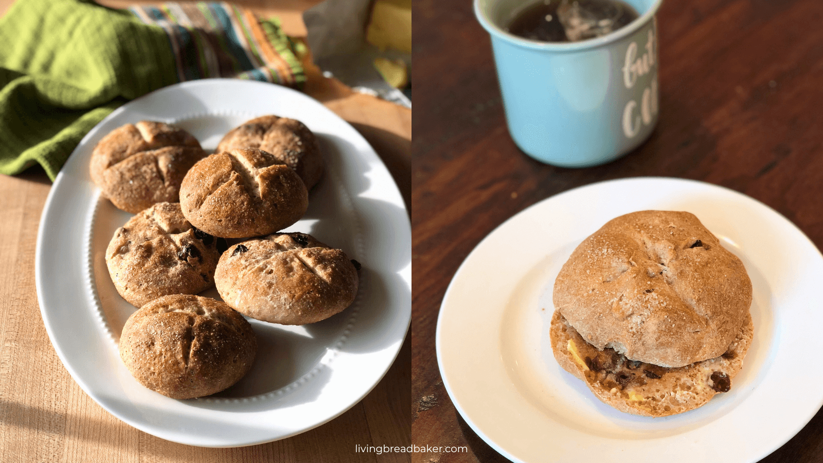 two images, one with a white plate full of Irish Soda Bread Raisin Scones with Sourdough Discard and one with Irish Soda Bread Raisin Scones with Sourdough Discard buttered scone on plate with irish tea in a green mug