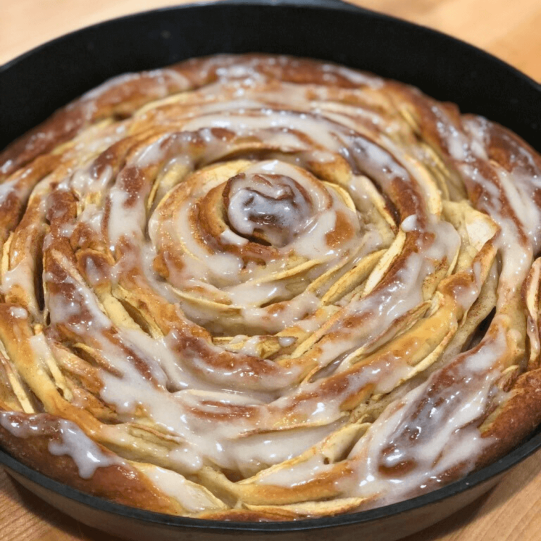 layers of bread and apples swirled in a rose shape in a cast iron skillet drizzled with vanilla glaze icing image of Skillet Sourdough Apple Cinnamon Swirl Bread recipe