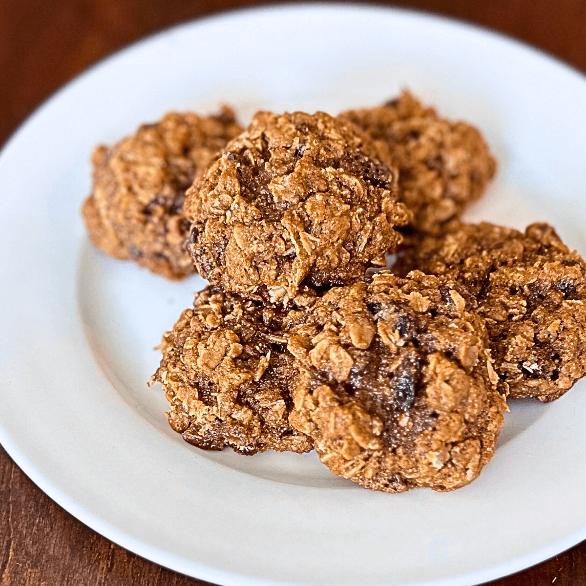 white plate with 6 sourdough oatmeal raisin cookies stacked on it