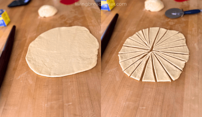 Easy Sourdough Pigs in a Blanket rolled out dough during shaping process