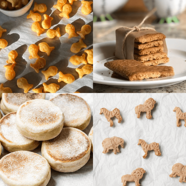 Easy Sourdough Recipes for School Lunch that Kids Love! collage of sourdough crackers and sourdough english muffins