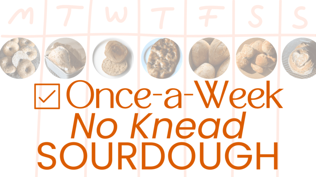 Once-a-week No Knead Sourdough with weekly calendar mockup and collage images of sourdough breads on each day