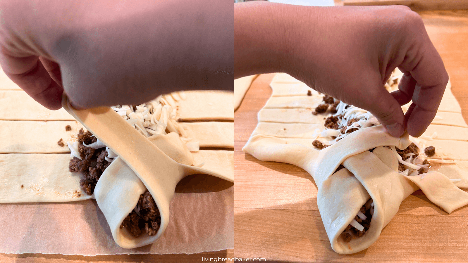 Sourdough Meat Filled Braided Bread, second and third strips of dough being braided over taco meat and cheese filling