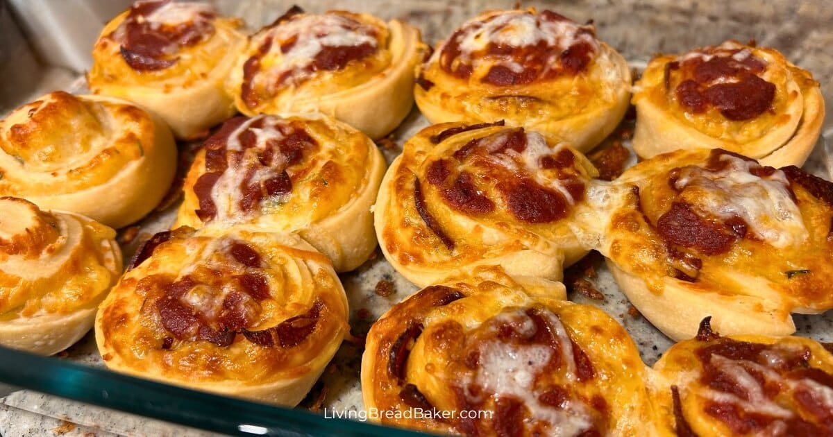 easy sourdough pizza rolls process photo of pepperoni and cheese pizza rolls baked in casserole dish 