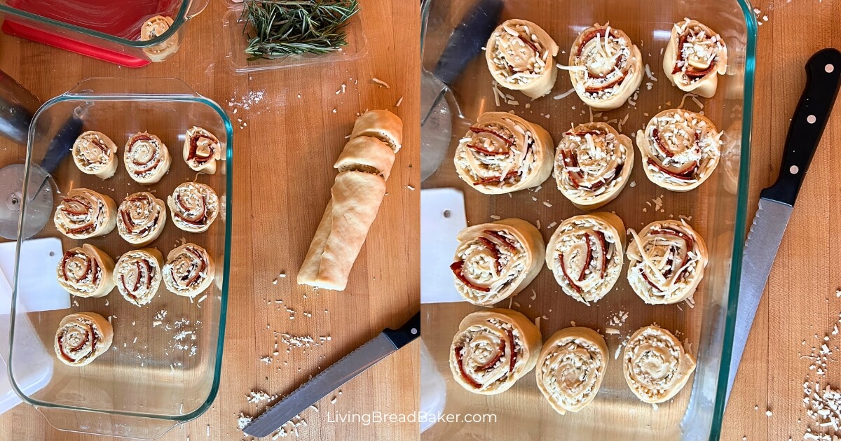 2 photos of easy sourdough pizza rolls process photo cut rolls in casserole dish 