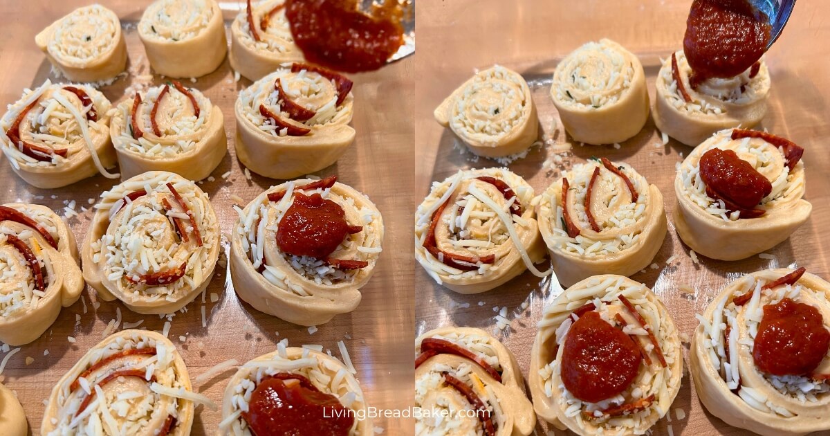 easy sourdough pizza rolls process photo cut rolls in casserole dish after proofing topped with pizza sauce by a spoonful