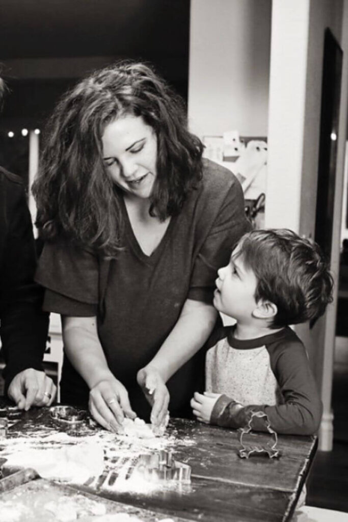 Jenny baking, mom baking cookies with son