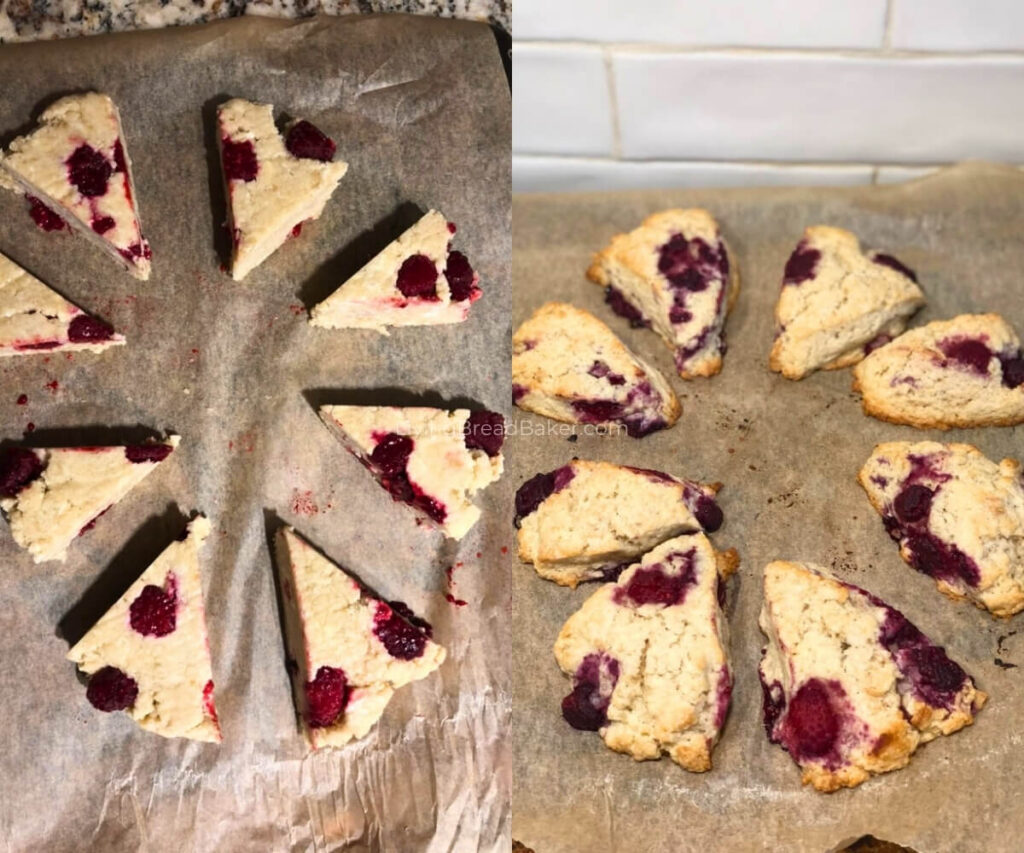 Best Sourdough Discard Raspberry Vanilla Scones blog image_before and after baking