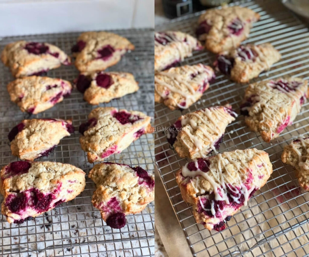 Best Sourdough Discard Raspberry Vanilla Scones blog image_ cooling before and after vanilla glaze 