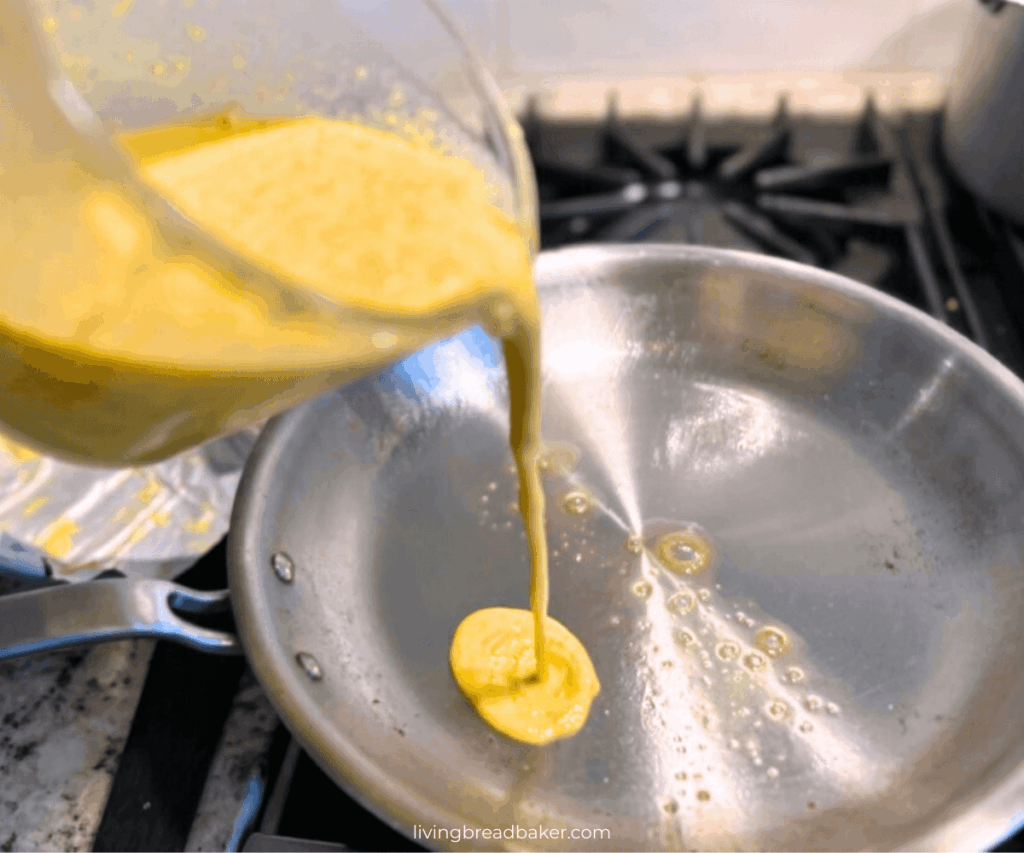 Easy Sourdough Discard Crepes Recipe blog image pan and batter pour 